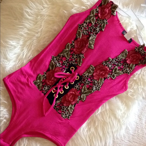 Sexy & Flirty Fuchsia floral lace up Body suit. - Picture 3 of 8